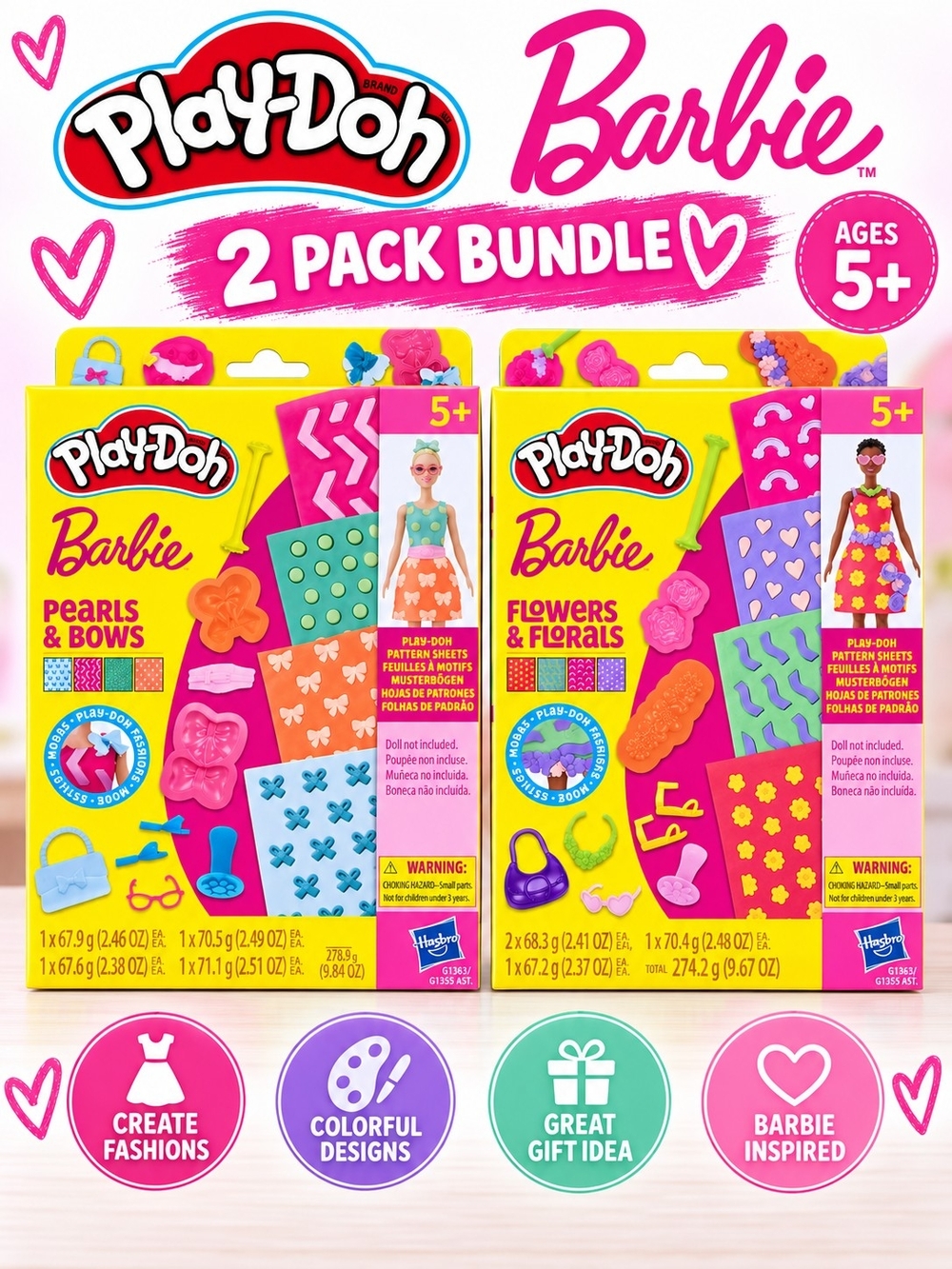 Play-Doh Barbie 2-Pack Bundle - Pink & Yellow Creative Modeling Sets